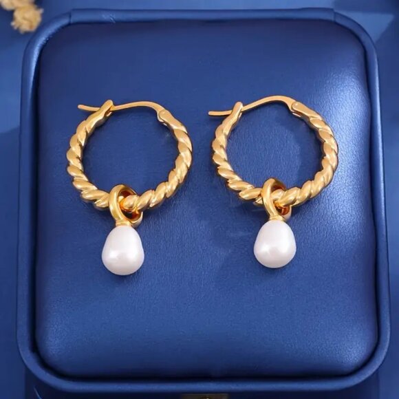 18K Gold Womens Braided Gold Hoop Hanging Pearl Drop Earrings 18 Karat Silver